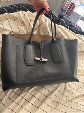 Longchamp Black Leather Tote with Silver Toggle
